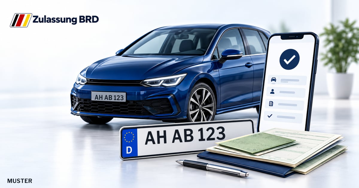 Online Fahrzeugzulassung in Raesfeld: Musterkennzeichen AH AB 123, Auto und Fahrzeugpapiere und Smartphone. Illustration mit Logo von Zulassung BRD.